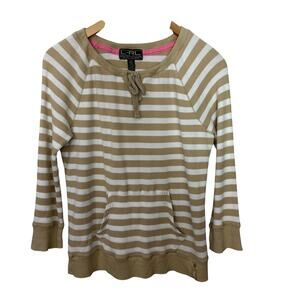 LRL Ralph Lauren Active Striped Thermal Top Womens Large‎ Tan White Drawstring